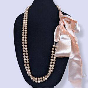 V. 2-Strand Pink Faux Pearl Ribbon-Tie Necklace